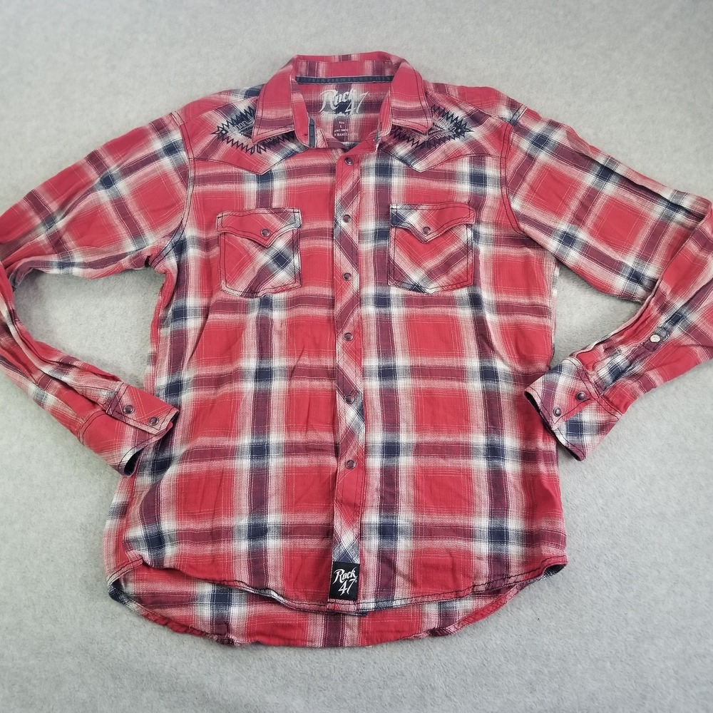 Rock 47 Wrangler Western Shirt Mens Large Red Plaid Embroidered Snap Front